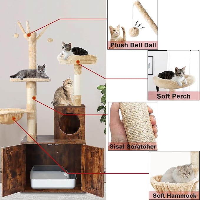 Timberer Cat Tree Tower with Litter Box Enclosure, 2-in-1 Wooden Cat Condo with Sisal Scratching Post, Hammock, Brown