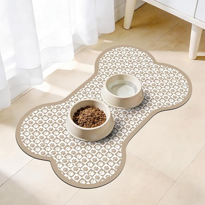Pet Mats for Food and Water, Khaki Bone Dog Food Mat for Floors, Non Slip Indoor Quick Dry Cat Bowl Feeding Mats (15.7” X23.6”)