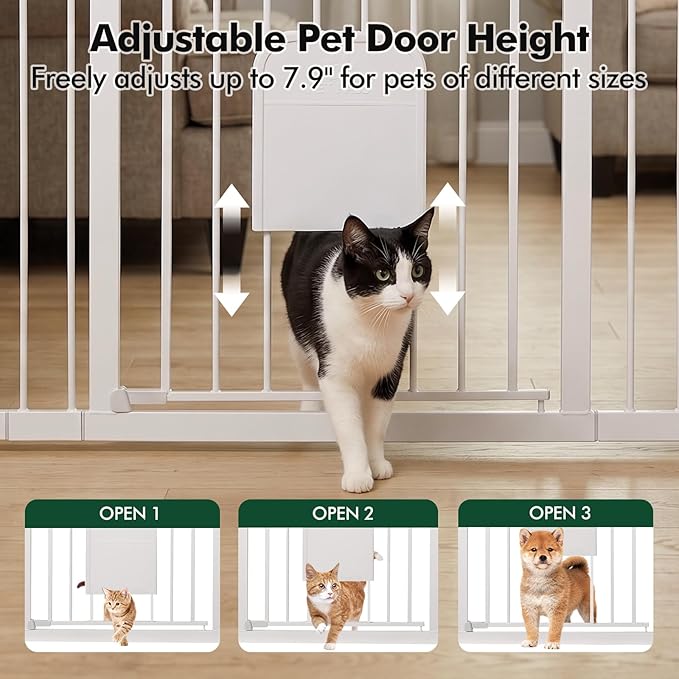 Metal Pet Gate with Cat Door, Adjustable Dog Gate for Doorways & Stairs, Pressure Mounted, Auto-Close, No Tools Needed, 31-46 Inches, White