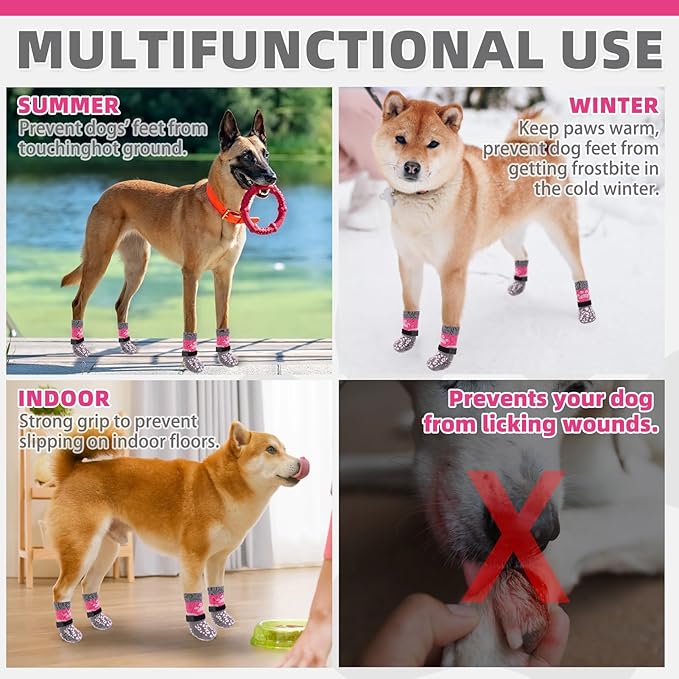 KOOLTAIL Dog Socks for Hot/Cold Pavement to Prevent Licking Paws Scratching,Anti Slip Pet Boots&Paw Protector for Hardwood Floors,Traction Control Grip Booties for Small Medium Large Senior Dogs PinkL