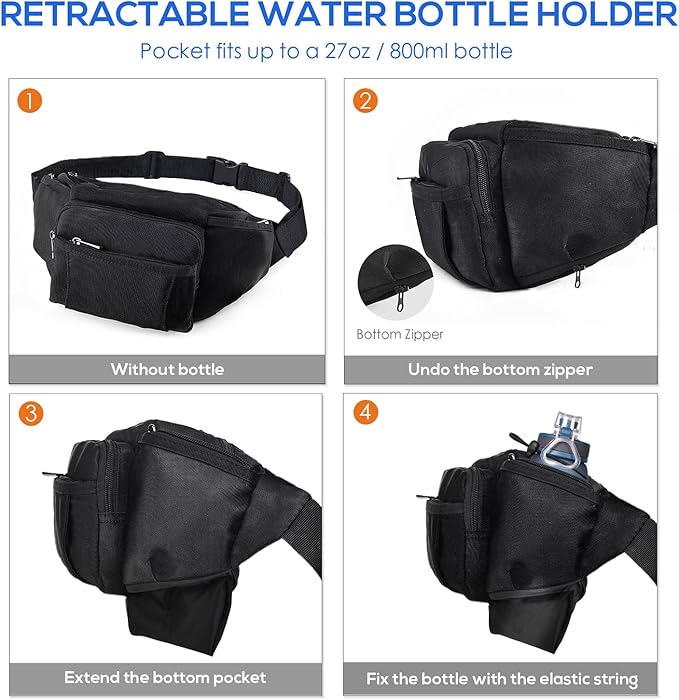 NOOLA Fanny Pack Waist Bag for Men Women, Lightweight Waist Pack with Water Bottle Holder, Adjustable Belt Bag with Multi-Pockets for Hiking, Dog Walking, Outdoor, Cycling, Running, Travel, Black