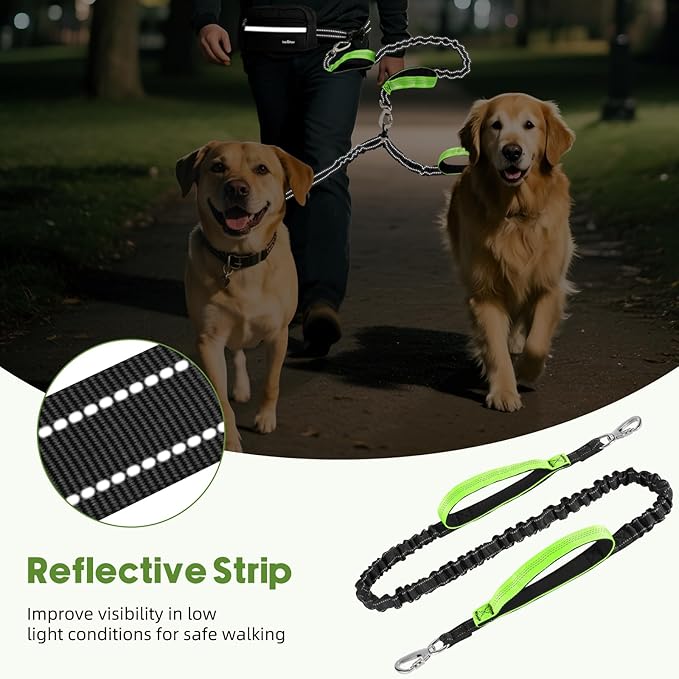 VavoPaw Hands Free Dog Leash for 2 Dogs with Pouch, Waist Leash for Dog Walking, Retractable Leashes with Dual Padded Handles, Adjustable Reflective Belt for Small Medium Large Dogs, Black Green