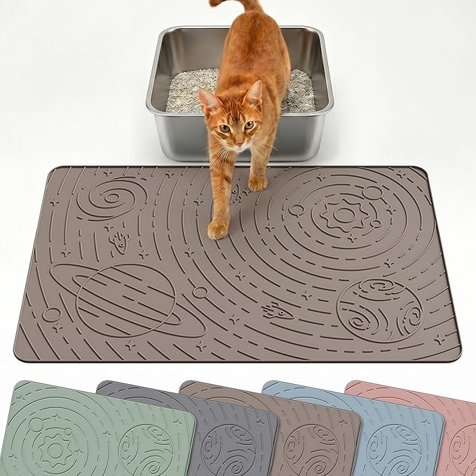 OHMO Cat Litter Mat Medium 23.6x15.7in, Beige Silicone Rubber Scatter Control Kitty Litter Box Trapping Mat, Waterproof Easy to Clean, Odorless Pet Supplies, Indoor Cat Essentials