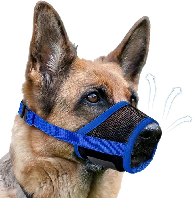 Dog Muzzle, Soft Air Mesh Muzzles for Large Sized Dogs, Breathable Dog Mussels for Scavenging Biting Licking & Barking, Adjustable Mouth Guard for Grooming, Allows Panting and Drinking (Blue,L)