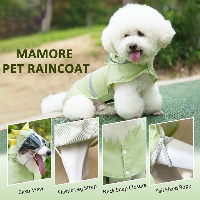 Dog Raincoat, Waterproof Reflective Adjustable Hooded Dog Rain Coat with Leash Hole, Lightweight Breathable Pet Poncho for Dogs (Green Dinosaur, Medium(13-22lb))