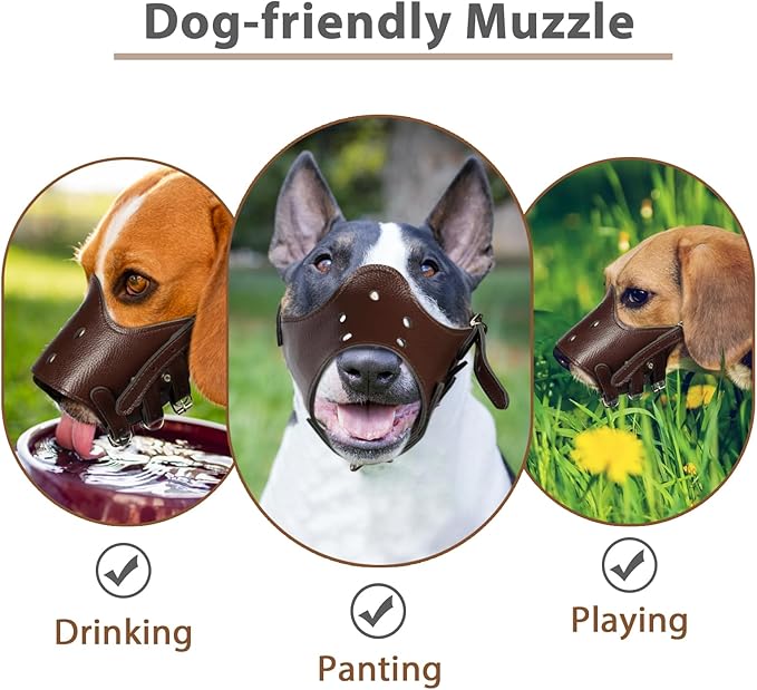 BARKLESS Dog Muzzle Leather, Soft Secure Anti-Barking Leather Muzzle for Large Sized Dogs to Prevent Biting, Breathable and Adjustable, Allows Drinking and Panting, Used with Collars