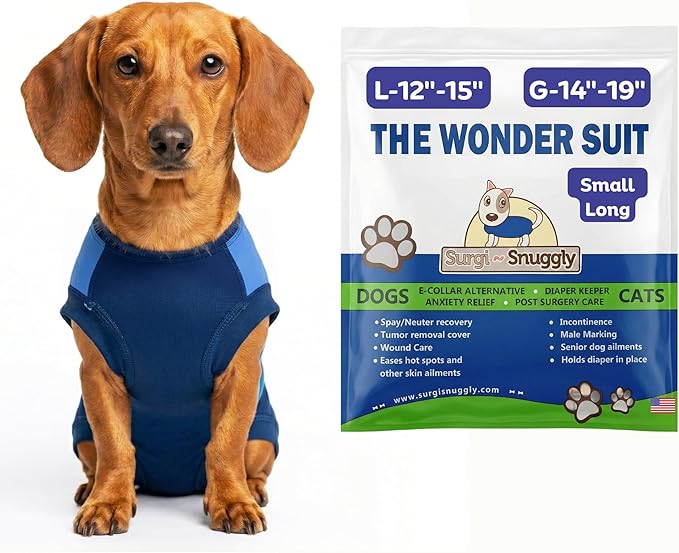 Surgi Snuggly Dog Surgery Recovery Suit - Dog Onesie for Post Surgery Recovery, Female Spay & Male Neuter - Surgical Suit for Dogs, E-Collar Cone Alternative, Double Blue - Small Long - 12" - 15" (EC)