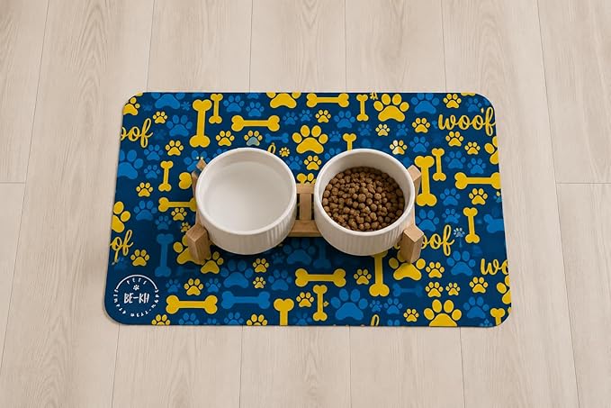 BE-KH Absorbent Pet Feeding Mat for Dogs & Cats, Quick Dry Dog Bowl Mat for Food and Water, Ultra-Thin, Non-Slip Rubber & Polyester, Waterproof & Machine Washable, Happy Woof, 16x12 in (40x30 cm)