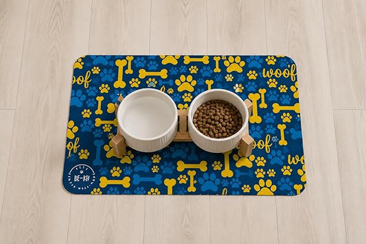 BE-KH Absorbent Pet Feeding Mat for Dogs & Cats, Quick Dry Dog Bowl Mat for Food and Water, Ultra-Thin, Non-Slip Rubber & Polyester, Waterproof & Machine Washable, Happy Woof, 16x12 in (40x30 cm)