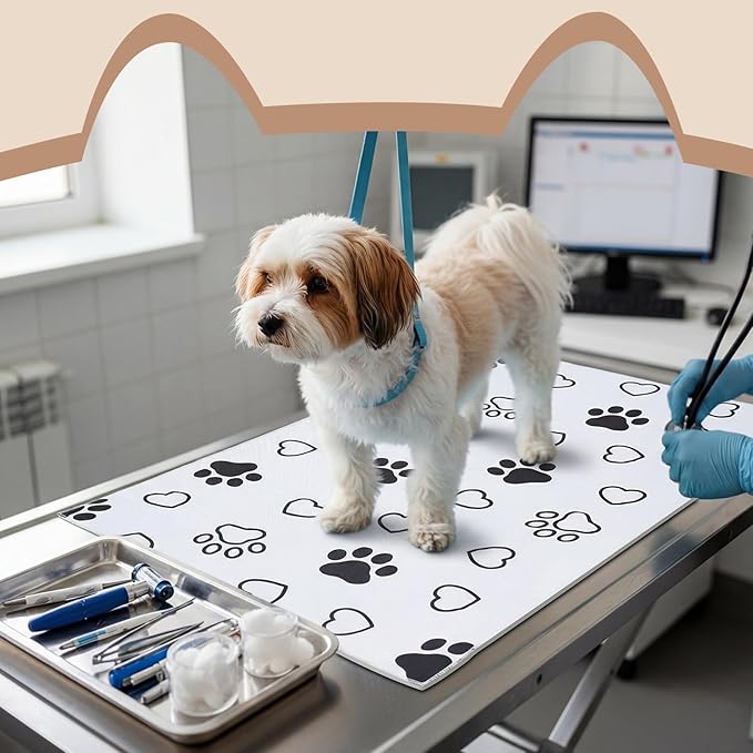AceOrbit 1 Pack 24x36 Inch Non-Slip Dog Grooming Mat for Table Dog Vet Mat Black and White Paw Print Pet Grooming Pad for Cat Pet Checkups Rehabilitation Bath, Waterproof and Easy to Clean