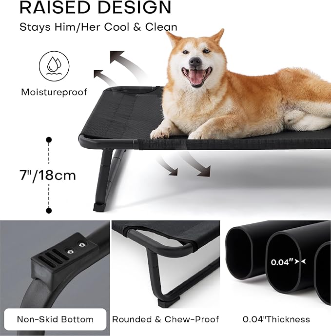 MADE 4 PETS Elevated Cooling Dog Bed for Small Medium Dogs – Raised Pet Cot with Breathable Mesh, No-Slip Feet, Chew-Resistant Frame, Portable Indoor & Outdoor Dog Hammock Bed, 32"x25", Black