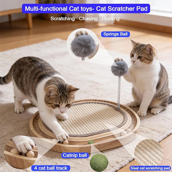 Sisal Cat Scratcher Pad with Wooden Ball Track Toy,Interactive Cat Toys for Kittens & Adult Cats Indoor, Anti-Scratch Furniture Protector for Bored Pet, Cat Enrichment Puzzle