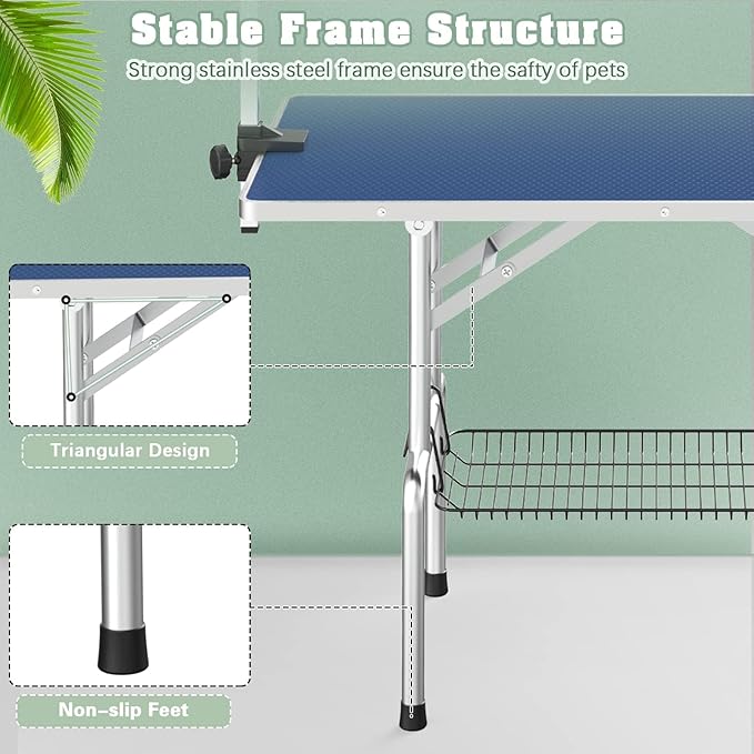 Dog Grooming Table, Adjustable Large Pet Drying Desktop, Foldable Bathing Desk with Arms, Noose, Mesh Tray, Maximum Capacity Up to 330Lb, 42in, Blue