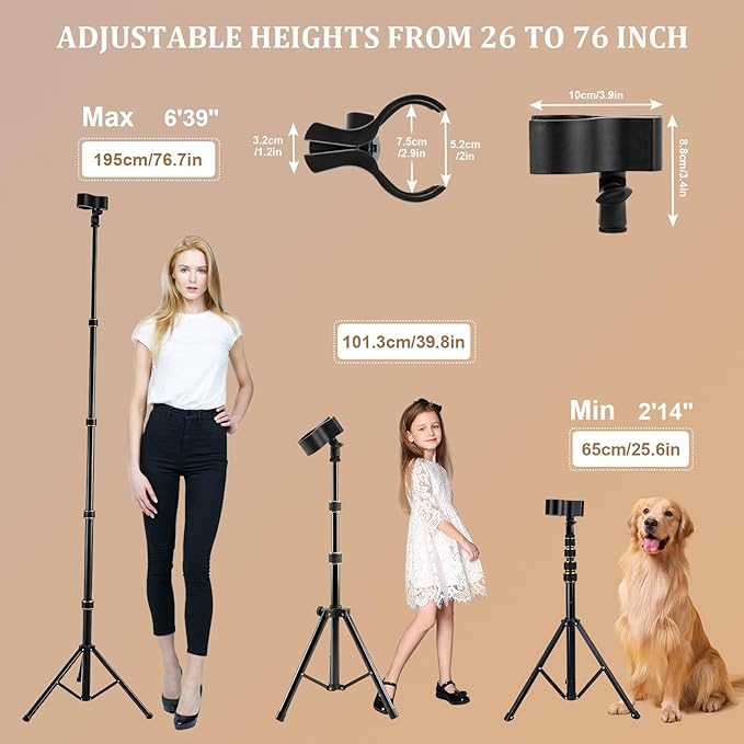 Hands Free Hair Dryer Stand with Tripod, 26-76 Inch Adjustable Height, 180° Rotating Universal Clip, Foldable Metal Blow Dryer Holder for Bathroom Vanity Makeup Room Home Styling & Pet Grooming, Fits Most Hair Dryers