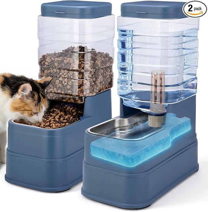 2 Pack Automatic Cat Feeder and Water Dispenser 1.3Gallon Dog Gravity Food Feeder and Water with Ice Pack Stainless Steel Dry Food and Waterer Bowl for Small Medium Large Pets (Blue)