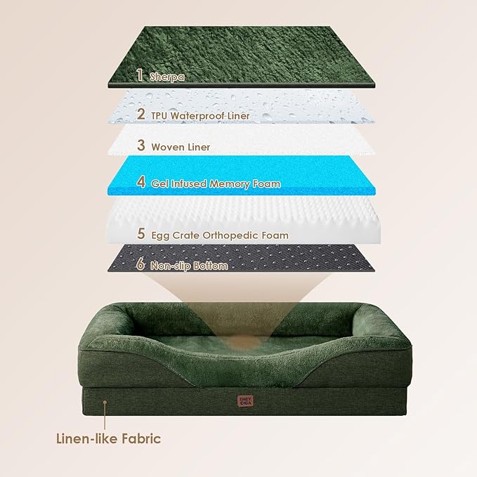 EHEYCIGA Orthopedic XL Dog Bed for Large Sized Dog, 42x30 Inch Extra Large Memory Foam Dog Couch Bed with Sides, Waterproof Liner & Washable Removable Cover, Dark Green