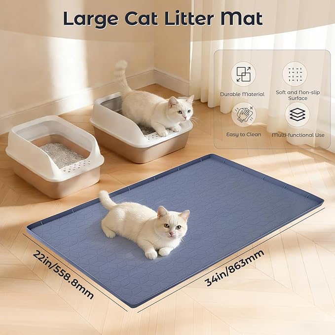 34" x 22" Diamond Cat Litter Mat, Absorbent & Fast-Dry Silicone Litter Trapping Mat with Raised Edges, Extra Large Waterproof Pad for Kitty Litter Box, Grey