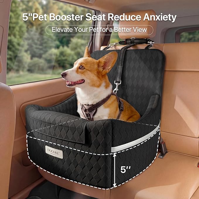 Doglike Dog Car Seat for Small Dogs [2026 Ultimate Comfort & Safety], 5" Memory Foam Pet Booster Seats Up to 35 lbs with Detachable Washable Cover, Travel-Safe Car Bed with Puppy Safety Belt, Black