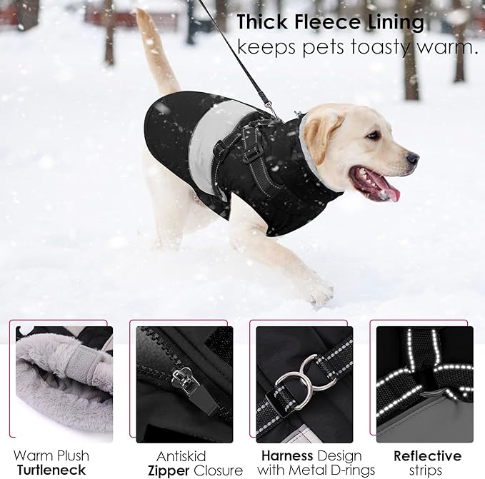 AOFITEE Dog Coats for Large Dogs, Dog Winter Coat, Dogs Coat with Harness Built in, Reflective Waterproof Pet Jacket with Furry Collar, Warm Fleece Pet Sweater for Doberman, Great Dane, Black XXL