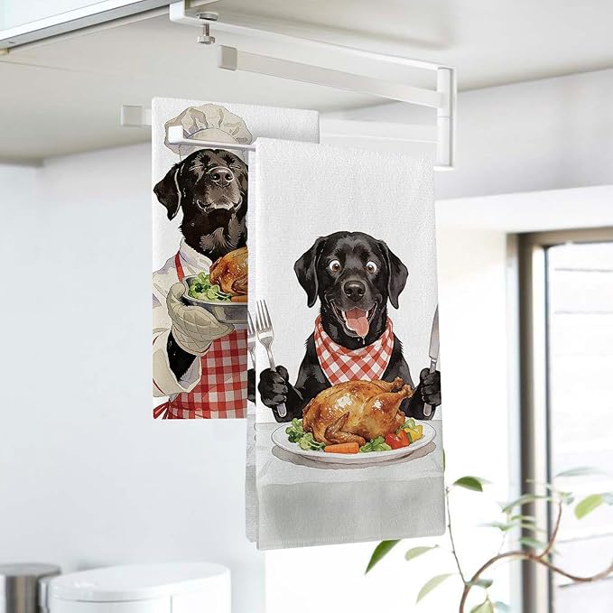 Funny Chef Black Labrador Dog Kitchen Dish Towels Set of 2, Roast Turkey Drying Hand Towel Baking Cooking Cloth, Thanksgiving Bathroom Home Decoration Pet Dog Owner Lover Gifts 18'' x 26''
