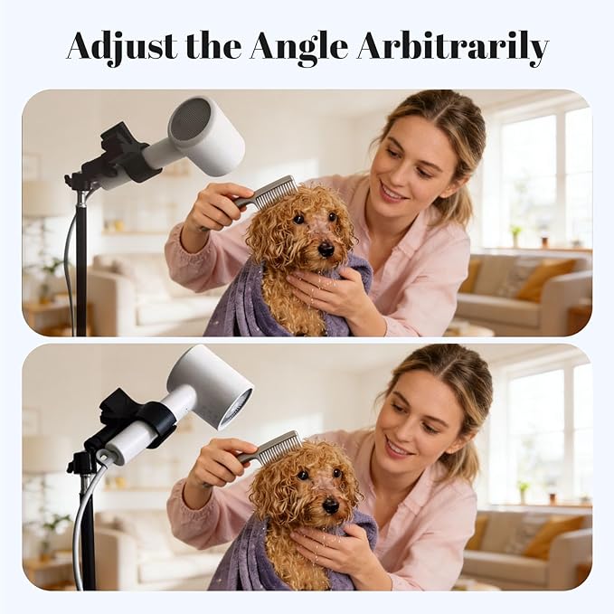 Hair Dryer Holder Stand, Hands Free Blow Dryer Stand with Clamp, Adjustable Height & 360° Rotating Hair Dryer Stand for Home & Salon Styling, Foldable & Stable