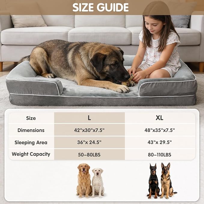Orthopedic Dog Bed Set for X Large Dogs,Memory Foam Bed 42x30inch,Washable Removable Cover with Dog Bed Bolster Pillows & Egg Crate Support,Grey,
