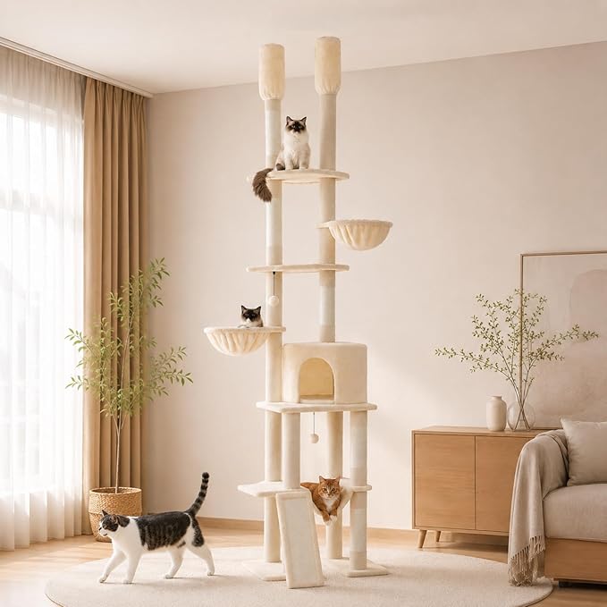 Floor to Ceiling Cat Tree Height (85-112 Inches) Adjustable, Tall Cat Tower 7 Tiers Activity Climbing Tower, Large Cat Tree with Cozy Hammocks, 5 Platforms and Scratching Posts for Indoor Cats-Beige