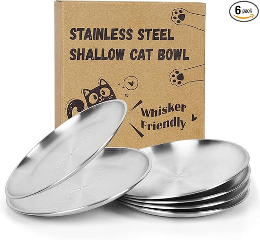 6-Pack Stainless Steel Cat Food Bowls, Shallow Whisker-Friendly Non-Slip Silicone Base Metal Dishes, Easy to Clean Indoor Feeding Flat Plates for Cat, Kitten, Small Dog (6.7")