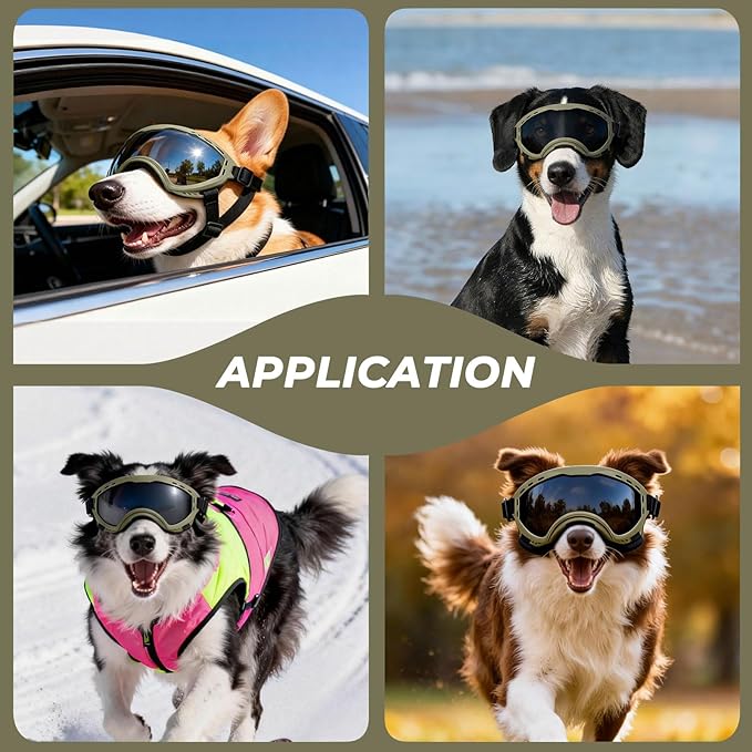 Dog Goggles for Medium to Large Breeds, UV Protection Dog Sunglasses with PC Lens, Soft TPU Frame and Adjustable Straps, Windproof Dustproof Anti-Fog Pet Eyewear for Outdoor Activities (Green Frame)