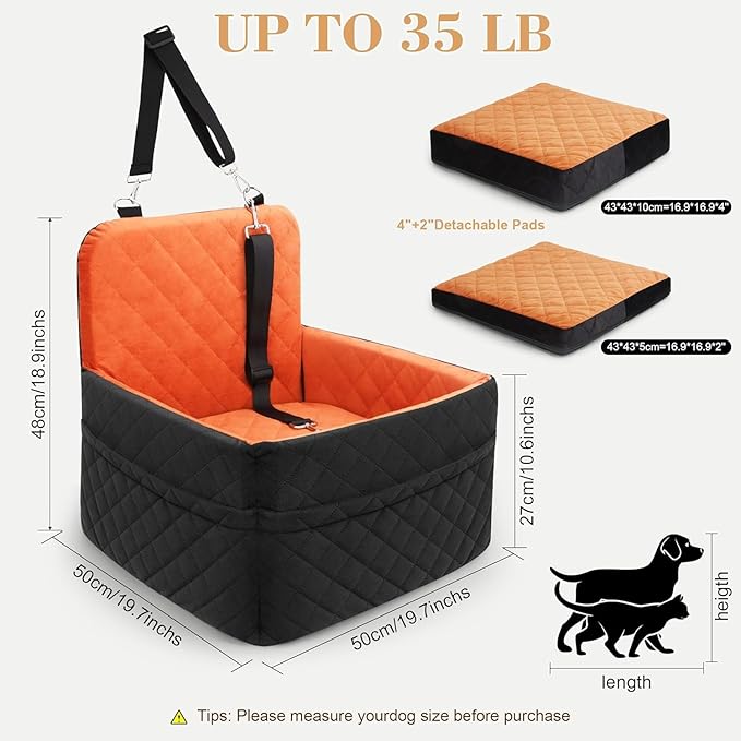 Dog Car Seat for Small/Medium Dogs,Pet Dog Booster Car Seat Puppy 15-35 lbs with Soft 4+2in Detachable Pads Detachable Elevated Cushion and Washable Cover Brown