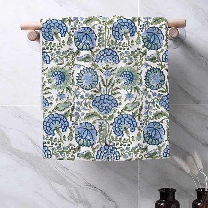 Vintage Blue Sage Green Floral Kitchen Towels Boho Floral Dish Towel 16×24 Inch Soft Absorbent Flowers Hand Cloths for Kitchen Drying Decore Set of 2