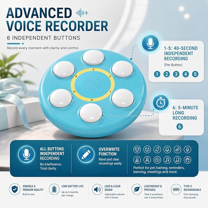 6-in-One Voice Recording Button, Dogs cat Talk& Speaking Buttons for Communication Pet Animal Training Buzzers, Classroom Fluent Answer 30 Second Record & Playback, Funny Gift for Study Office Home