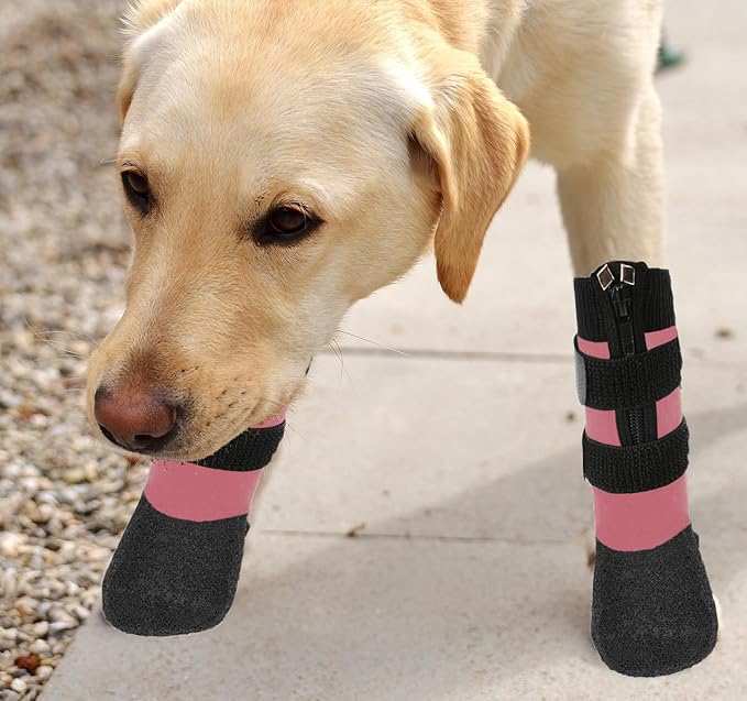 VALFRID Waterproof Grip Dog Shoes,Anti-Slip Dog Socks Boots,Zipper Dogs Booties Paw Protectors for Hardwood Floor,Indoor and Outdoor for Small Medium Large Dogs Pink