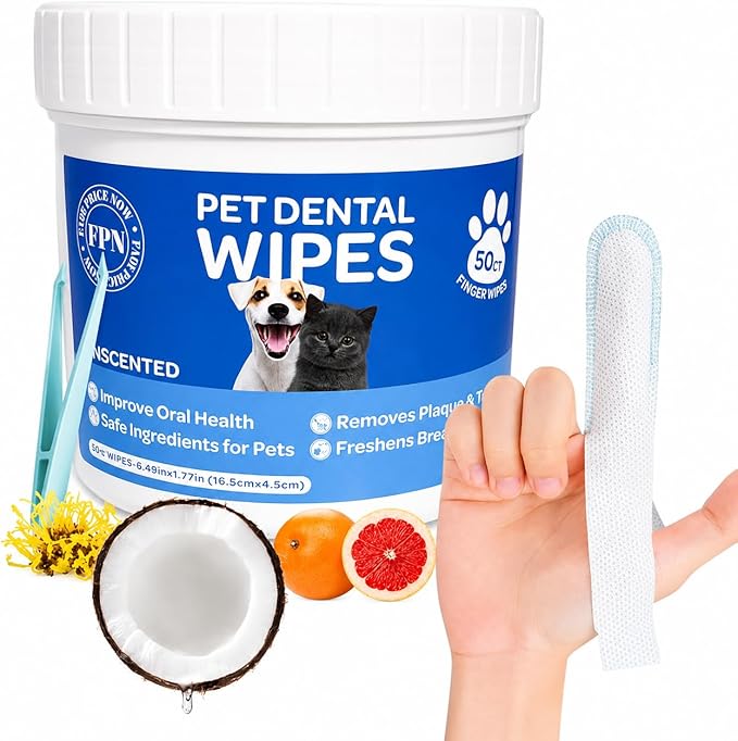 Pet Dog Teeth Cleaning Finger Wipe – 50-Count Disposable Teeth & Gum Cleaning Dental Wipes for Dogs & Cats, Embossed Finger Pads for Plaque & Tartar Removal, Breath Freshening, No-Rinse Oral Care