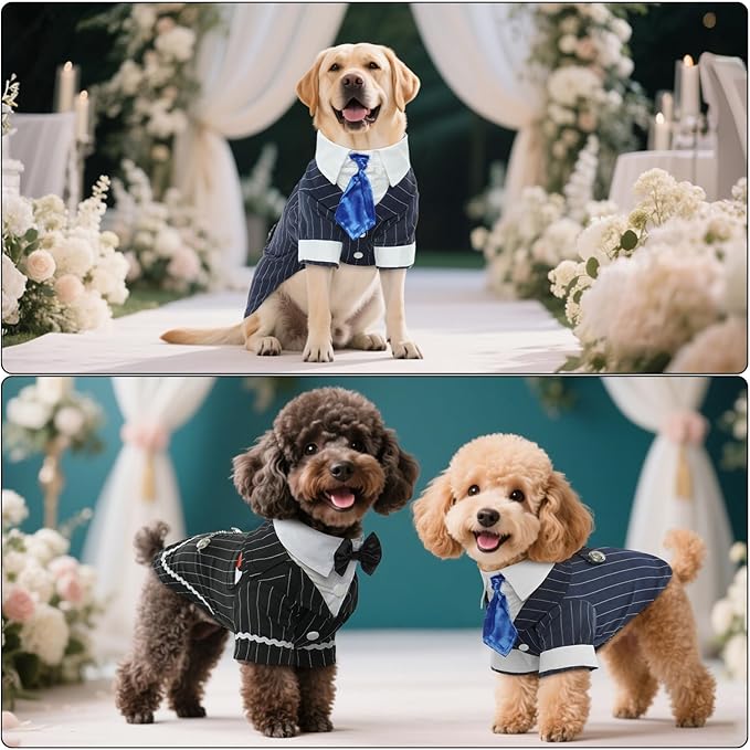 DENTRUN Navy Blue Dog Tuxedo - Formal Pinstripe Pet Suit Shirt with Satin Tie, Elegant Wedding Outfit Birthday Party Attire for Maltese Dachshund Corgi Beagle Medium Large Dogs (Polyester), L