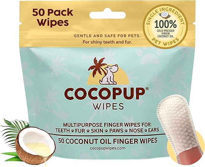 Cocopup Dog Teeth Cleaning Wipes | Pet Dental Finger Wipes | Dogs and Cats Tooth Cleaning Pads Plaque Remover Ear Nose Paws Fur Cleaners | Contains Coconut Oil | 2 Pack of 50