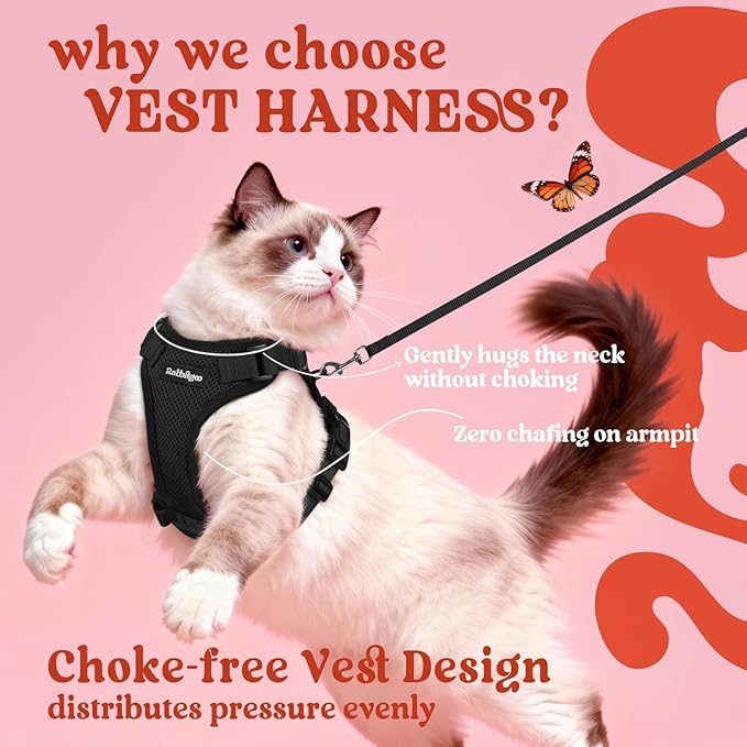 rabbitgoo Cat Harness and Leash Set, Escape Proof Vest Harness for Safe Outdoor Walks, Soft Breathable Adjustable Vest with Reflective Strips for Small and Average Cats, Black, S