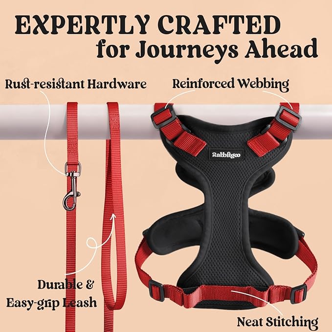 rabbitgoo Cat Harness and Leash Set, Escape Proof Kitten Harness for Safe Outdoor Walks, Soft Breathable Adjustable Vest with Reflective Strips for Kittens and Small Cats, Black & Red, XS
