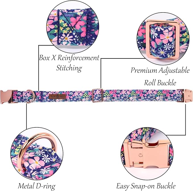 Lionet Paws Floral Dog Collar with Sailor Bow, Spring Wildflowers Daisy Fleabane Dog Collar Bow Tie for Dogs, Small, Neck 10-16 inches