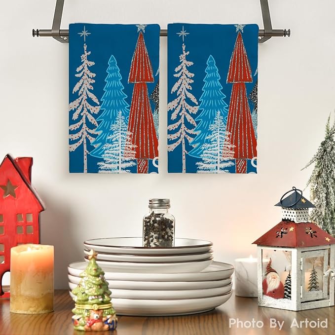Blue Red Christmas Tree Hand Towels Set of 2 Xmas Watercolor Pine Trees Absorbent Bathroom Towel Soft Decorative Towels for Bathroom, Hotel 29.1 X 13.8 Inch