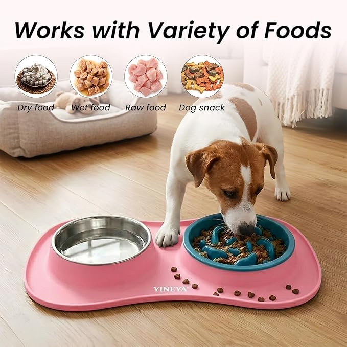 YINEYA 3 in 1 Slow Feeder Dog Bowls & Stainless Steel Food and Water Bowl with Non-Spill Dog Bowl Mat, Anti-Choking Puppy Bowls, Floor Safe & Easy Clean for Large Medium Small Dogs Cats