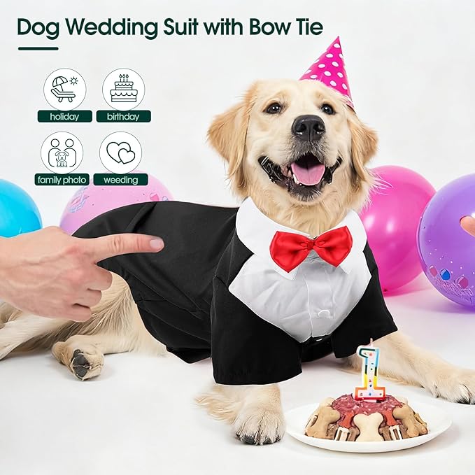 Kuoser Dog Tuxedo and Bandana Set, Dog Wedding Suit with Bow Tie, Formal Pet Tux Party Birthday Costume Shirt for Small Medium Large Dogs, Puppy Prince Attire Outfit for Halloween Valentines Christmas