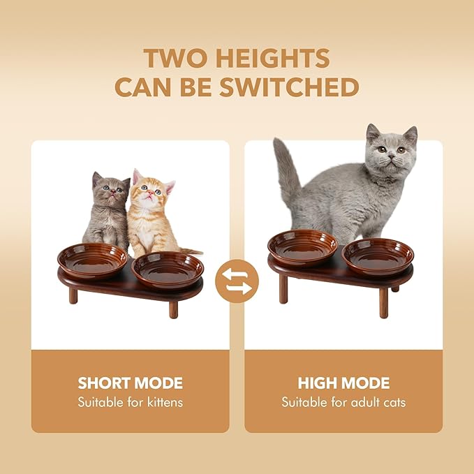 Havniva Elevated Cat Bowls Raised Ceramic Cat Bowl, 5.9” Wide Opening Cat Food Bowl Whisker Friendly Cat Dish Anti-Slip with Wood Stand, Shallow Pet Food & Water Bowl for Indoor Cats
