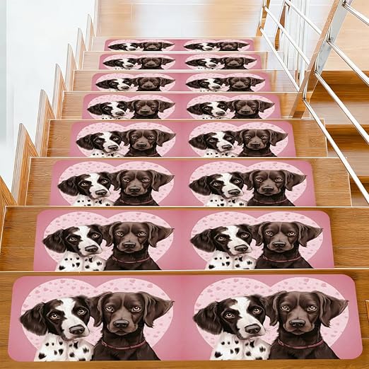 Animal Cute Dog Love Stair Treads for Wooden Steps Indoor Washable Staircase Carpet 10PCS 30"x7.8" Stair Step Treads Non-Slip Staircase Covers Peel and Stick Safety Mat for Kids Elders Pets