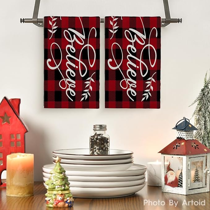 Christmas Believe Hand Towels Set of 2 Winter Christmas Red Black Buffalo Plaid Checkered Absorbent Bathroom Towel Soft Decorative Towels for Bathroom, Hotel 29.1 X 13.8 Inch