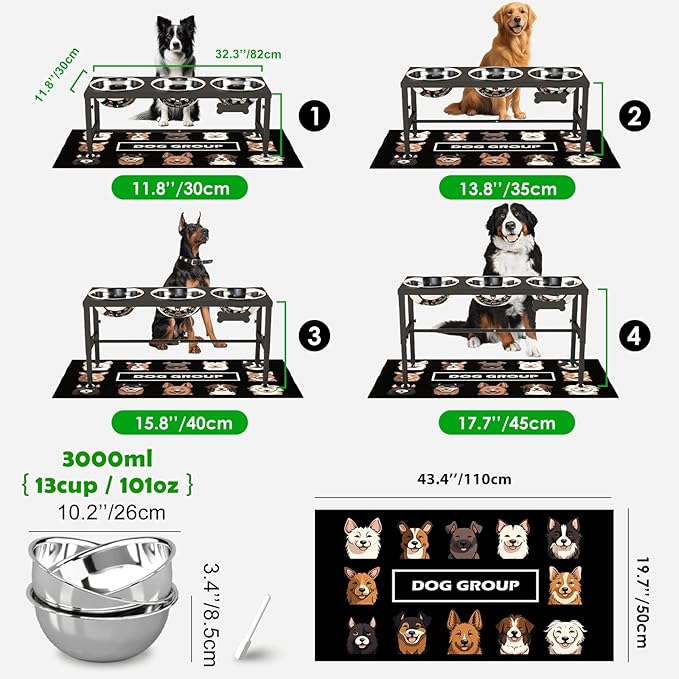SHAINFUN Elevated Dog Bowl Stand for Large Dogs& Extra Large Dogs with 3 Bowls 101oz– 4 Adjustable Height Raised Pet Feeder with Anti-Spill Mat, Stainless Steel Food & Water Station