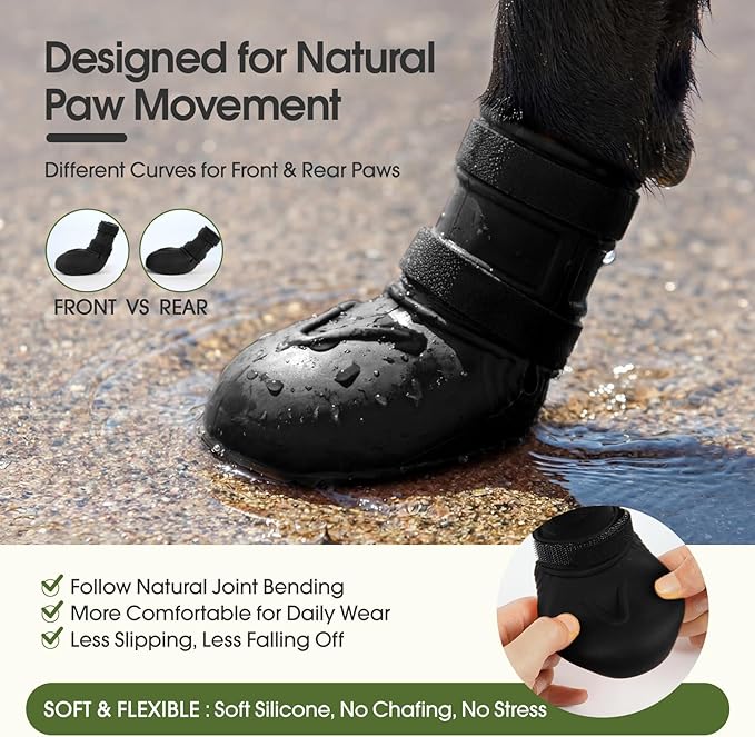 Dog Rain Boots Waterproof, 4PCS Dogs Shoes Non Slip Dog Boots & Paw Protectors, Easy On Rubber Doggie Booties Pet Shoes for Hot Pavement Snow Rain, Dog Rainboots for Small Medium Large Dogs, Black S