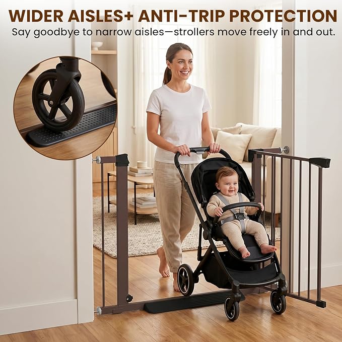 Baby Gate for Stairs, 29.7-40.6" Auto Close Dog Gate Indoor for Doorways, Dual-Lock Design, Extra Wide Pet Gate No Drilling with Walk Thru Door for Hallways, Stroller Friendly, Brown