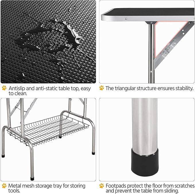 Pet Dog Grooming Table, Adjustable Large Heavy Duty Professional Foldable Trimming Stage with Arms, Noose, Mesh Tray, Maximum Capacity Up to 330LBS, 36''/Black