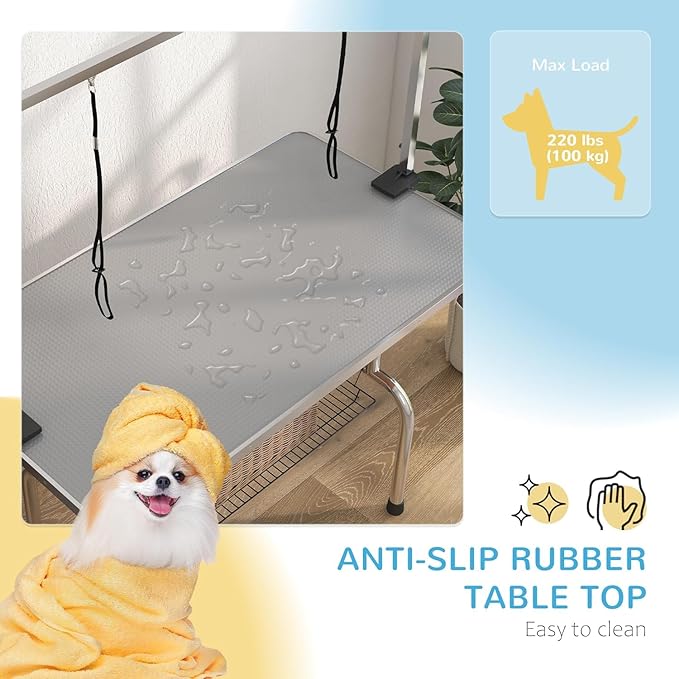 Pet Dog Grooming Table, Foldable Stainless Steel Pet Drying Grooming Table Up to 330lbs, Professional Bathing Desk for Dogs at Home with Adjustable Overhead Arms, Noose, Mesh Tray, 42''/Grey
